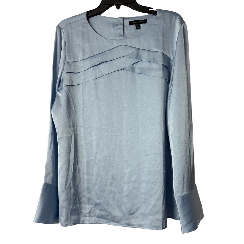 NWT Banana Republic Womens Long Sleeve Flat Ruffle Blue Top Blouse Shirt Large